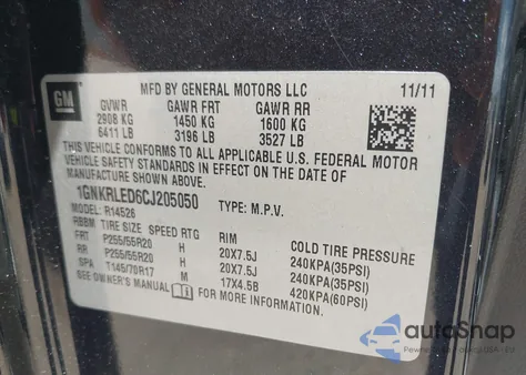 2012 Chevrolet Traverse Ltz from USA, damaged, VIN 1GNKRLED6CJ205050